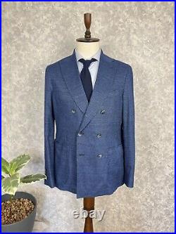 Sartoria Latorre Blue Italian Cotton Linen Double-Breasted Blazer 44, EU 54