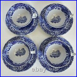 Set Of 4 Spode Blue Italian Cup & Saucer Sets England 8 Pieces Countryside