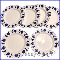 Set Of 6 Vintage Italian Ceramic Dinner Plates Blue White Leaf Floral 8 Italy