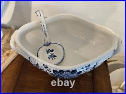 Soup Tureen Gravy Bowl Seashell Ladle & Lid Blue White Floral Hand Paint Italy