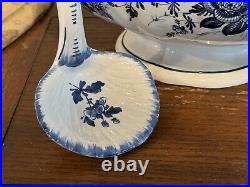 Soup Tureen Gravy Bowl Seashell Ladle & Lid Blue White Floral Hand Paint Italy