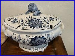 Soup Tureen Gravy Bowl Seashell Ladle & Lid Blue White Floral Hand Paint Italy