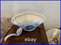 Soup Tureen Gravy Bowl Seashell Ladle & Lid Blue White Floral Hand Paint Italy