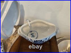 Soup Tureen Gravy Bowl Seashell Ladle & Lid Blue White Floral Hand Paint Italy