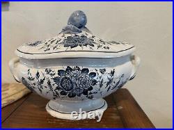 Soup Tureen Gravy Bowl Seashell Ladle & Lid Blue White Floral Hand Paint Italy