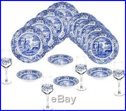 Spode Blue Italian 16 piece Earthenware Dinnerware Set for 4 with4 stemmed glasses