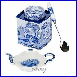 Spode Blue Italian 3 Piece Tea Set Tea Caddy Spoon Rest & Spoon