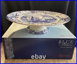 Spode Blue Italian Footed Cake Plate, Porcelain, 10.5 Blue White New In Box