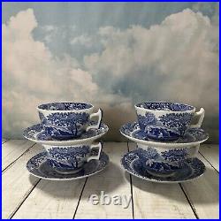 Spode Blue Italian Tea Cups and Saucers Set of 4, 7oz