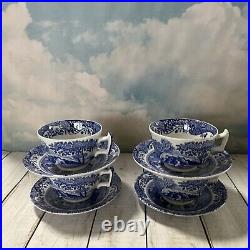 Spode Blue Italian Tea Cups and Saucers Set of 4, 7oz