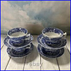 Spode Blue Italian Tea Cups and Saucers Set of 4, 7oz