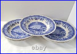 Spode Blue Set 7 Winter's Eve 9 Large Rim Soup Bowls EUC Scallop Camilla Shape