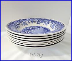 Spode Blue Set 7 Winter's Eve 9 Large Rim Soup Bowls EUC Scallop Camilla Shape