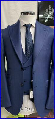 Stunning blue super 150 Cerruti 3 piece wool suit/ wide Tom Ford peak lapel