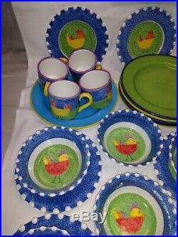 VIETRI Italy Rooster Chicken Bird plates bowls mugs Blue Vintage 21 piece Lot