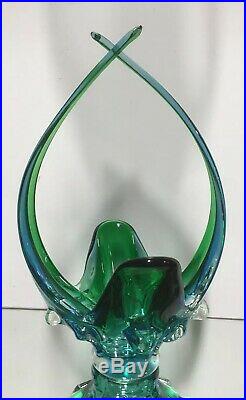 VTG Murano Blue Green Glass Abstract CENTER PIECE Basket Bowl Vase ITALY