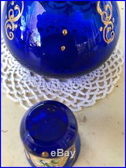 VTG Murano Cobalt Blue Decanter Glass Cordial Set 24k Gold Overlay 5 Piece Set