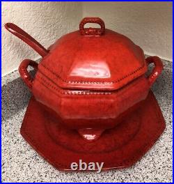 VTG Peasant Village Italian Pottery Red Lava Soup Tureen with Ladle & Plate