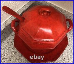 VTG Peasant Village Italian Pottery Red Lava Soup Tureen with Ladle & Plate