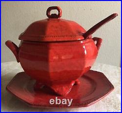 VTG Peasant Village Italian Pottery Soup Tureen with Ladle & Plate RARE