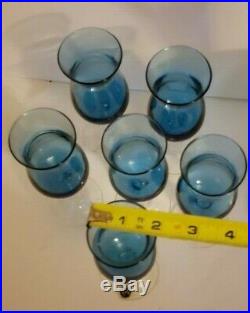 Vintage Blown Glass Wine Pitcher 6 Goblet Set Made in Italy Blue & Clear 7 piece