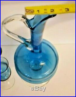 Vintage Blown Glass Wine Pitcher 6 Goblet Set Made in Italy Blue & Clear 7 piece