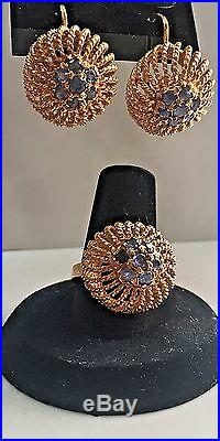 Vintage Italian 18k Yellow Gold & Blue Diamonds Ring & Earrings 3 piece set