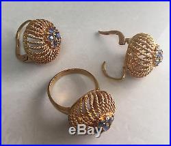Vintage Italian 18k Yellow Gold & Blue Diamonds Ring & Earrings 3 piece set