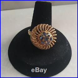 Vintage Italian 18k Yellow Gold & Blue Sapphire Ring & Earrings 3 piece set