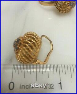 Vintage Italian 18k Yellow Gold & Blue Sapphire Ring & Earrings 3 piece set