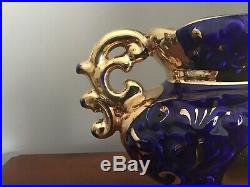 Vintage Italian Ceramic Cobalt Blue and Gold Urn Vase Centre Piece