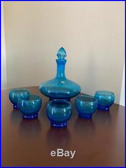 Vintage Italian Diamond Point Blue Glass Decanter 6 piece Set