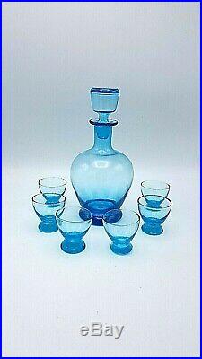 Vintage Italian Diamond Point Blue Glass Decanter 6 piece Set