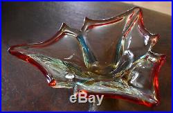 Vintage Italian Murano Glass Decorative Display Bowl / Piece Red Rim Amber & Blu
