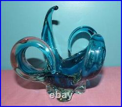 Vintage Murano Blue & Clear Glass Abstract Center Piece Bowl / Vase