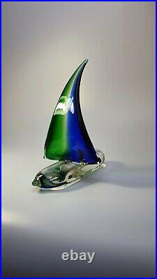 Vintage Murano Glass Sailboat Sculpture Green/Blue Sommerso Glory Art Piece