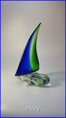 Vintage Murano Glass Sailboat Sculpture Green/Blue Sommerso Glory Art Piece