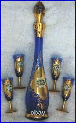 Vintage Venetian Murano Italy Glass 24kt Gold Painted Cobalt Blue 6 Piece Set