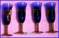 Vintage Venetian Murano Italy Glass 24kt Gold Painted Cobalt Blue 6 Piece Set
