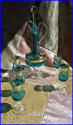 Vtg. 7 piece Turquoise Murano Italian Gold Gild Jeweled Glass Set