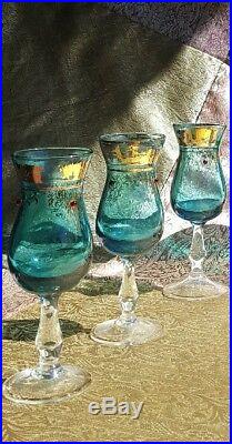 Vtg. 7 piece Turquoise Murano Italian Gold Gild Jeweled Glass Set