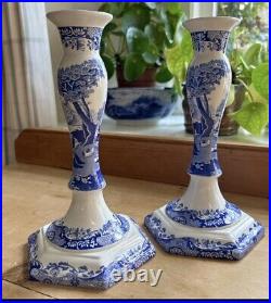 Vtg Spode Blue White Italian Ceramic Pastoral Hexagonal Candlestick Pair 9